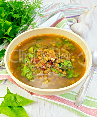Soup lentil with spinach in bowl on light board