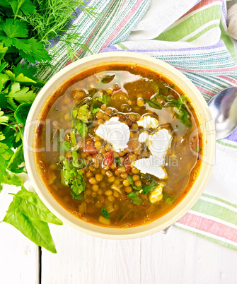 Soup lentil with spinach on light board top