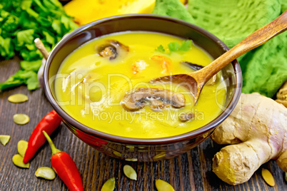 Soup-puree pumpkin with mushrooms and shrimp on dark board