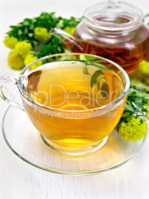 Tea of Rhodiola rosea in cup with teapot on board