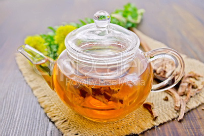 Tea of Rhodiola rosea in glass teapot on board