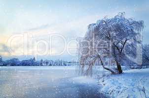 Winter landscape with lake and tree in the frost with falling sn