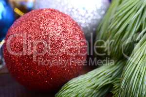 Decorated christmas tree - holiday background, green tree eve branch close up with christmas balls