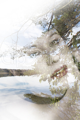 Portrait of a young lady and landscape, double exposure