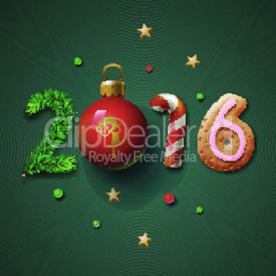 Merry Christmas and Happy New Year 2016 greeting card, vector illustration.