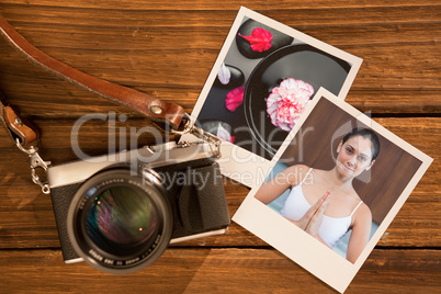 Composite image of peaceful woman in white sitting in lotus pose