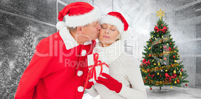 Composite image of festive mature couple holding gift