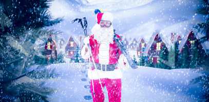 Composite image of santa claus holding ski and ski poles