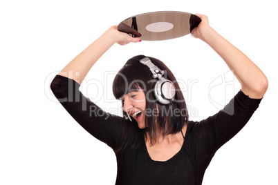 girl dj holding a lp over the head