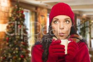 Mixed Race Woman Wearing Hat and Gloves In Christmas Setting