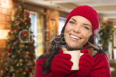 Mixed Race Woman Wearing Hat and Gloves In Christmas Setting