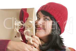 Happy Woman Holding Christmas Gift on White