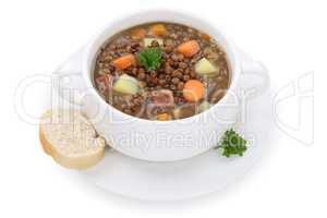 Linsensuppe Linsen Suppe in Suppentasse Freisteller