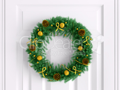 Christmas wreath on the white door 3d rendering