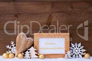 Golden Decoration, Snow, Frohe Weihnachten Mean Merry Christmas