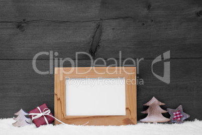 Gray Christams Card With Frame And Red Decoration, Copy Space