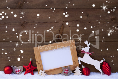 Red Christmas Card With Decoration, Copy Space, Snowflakes