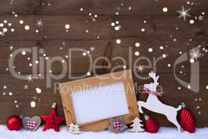 Red Christmas Card With Decoration, Copy Space, Snowflakes