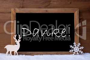 Christmas Card, Blackboard, Snow, Reindeer, Danke Mean Thank You