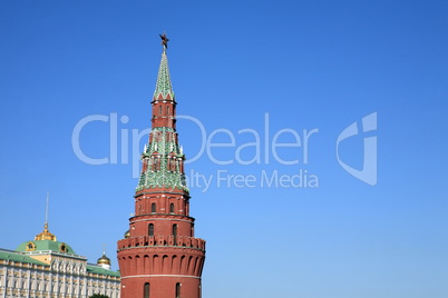 Kremlin tower on sky background in city center