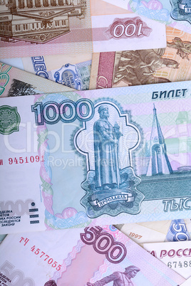 Russian money background. Rubles banknotes closeup texture