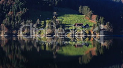 Farm and forest mirroring in a Swiss lake
