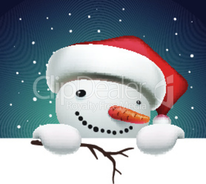 Cute funny snowman holding white page, greeting Christmas card, vector illustration.