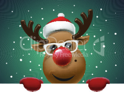 Greeting card, Christmas card with reindeer holding white page, vector illustration.