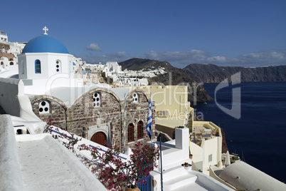 view over small oia village on santorini island