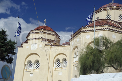 chapel in small greece village pyrgos on santorini