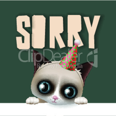 Cute grumpy cat apologize sorry card, vector illustration.