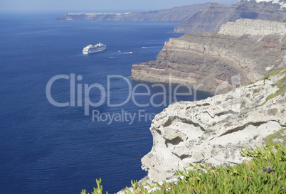 view of volcan caldera in athinios on santorini