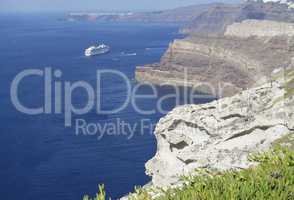 view of volcan caldera in athinios on santorini