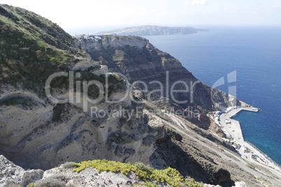 view of volcan caldera in athinios on santorini