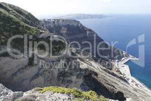 view of volcan caldera in athinios on santorini