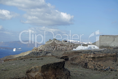 volcanic landscape in megalochori on santorini island