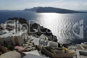 view over small oia village on santorini island