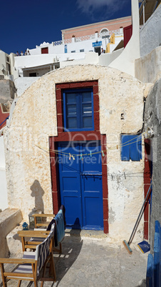 colorful door in oia village on santorini island