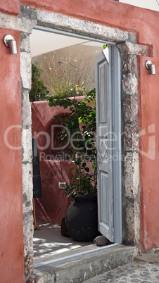 colorful door in oia village on santorini island