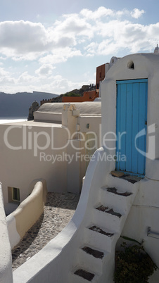 colorful door in oia village on santorini island