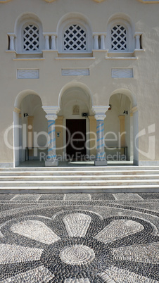 chapel in small greece village pyrgos on santorini