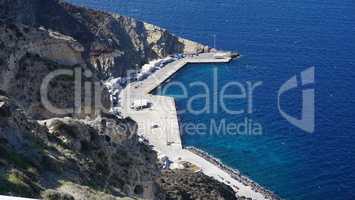 view of volcan caldera in athinios on santorini