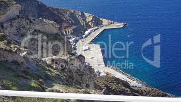 view of volcan caldera in athinios on santorini