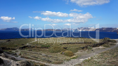 volcanic landscape in megalochori on santorini island