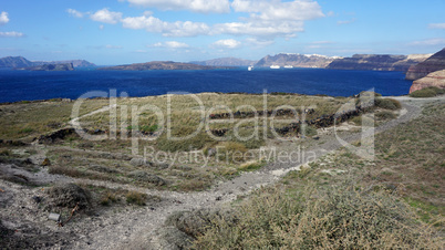 volcanic landscape in megalochori on santorini island