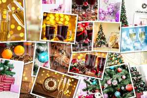 Christmas collage with photos of spruce, champagne, mulled wine, orange, bokeh and decorations