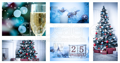 Christmas collage with photos of spruce, champagne and decorations