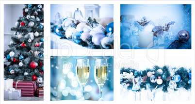 Christmas collage with photos of spruce, champagne and decorations