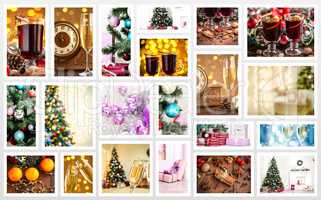 Christmas collage with photos of spruce, champagne, mulled wine, orange, bokeh and decorations