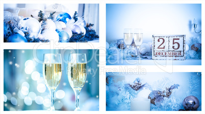 Christmas collage with photos of spruce, champagne and decorations